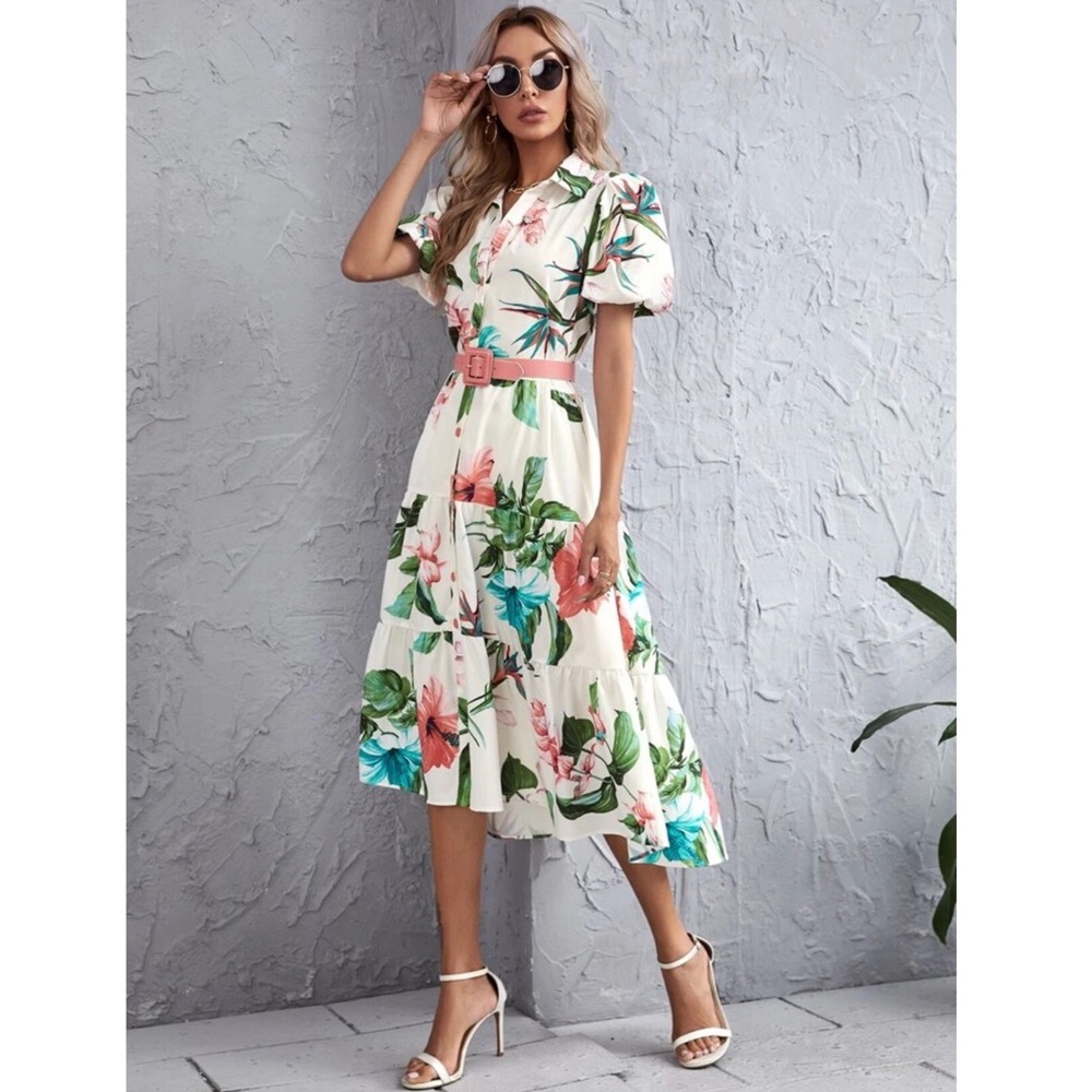 Floral Print Puff Sleeve Ruffle Hem Belted Dress